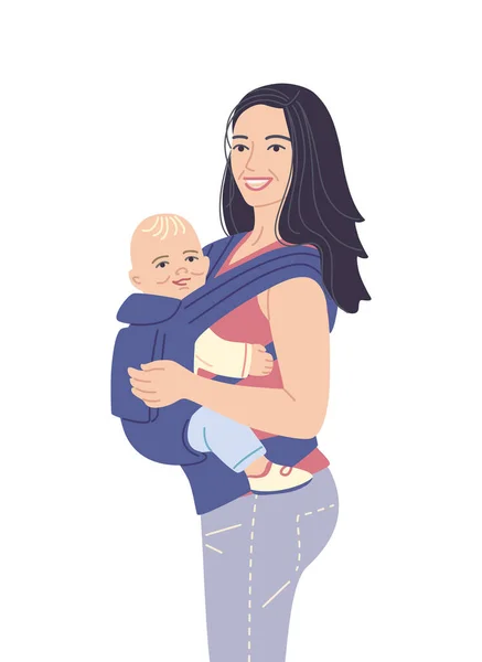 Jeune Mère Portant Son Petit Enfant Femme Souriante Bébé Dans — Image vectorielle