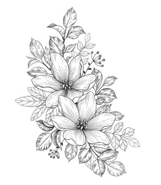 Çiçekli el çizimi buket ve beyaza izole edilmiş farklı yapraklar. Vector monokrom zarif çiçek kompozisyonu eski tarz tişört, dövme tasarımı, renk sayfası, düğün süslemesi.