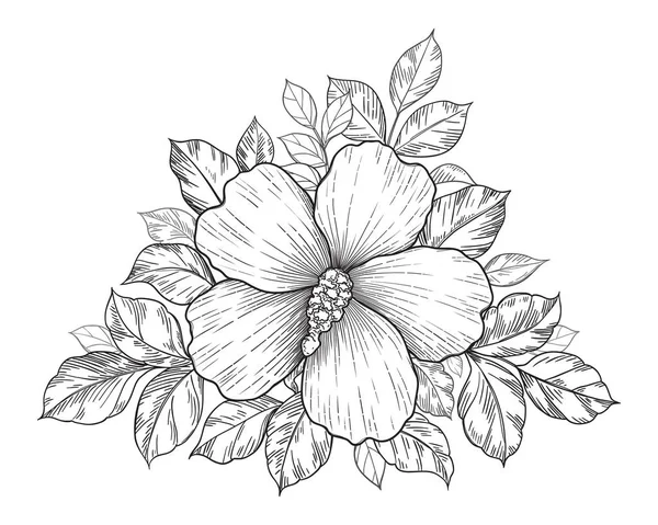 Mazzo Disegnato Mano Con Fiore Ibisco Foglie Isolate Bianco Vettore — Vettoriale Stock