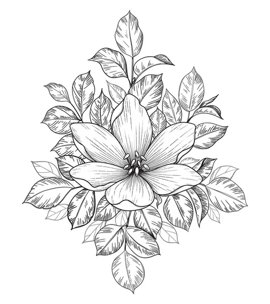 Mazzo Disegnato Mano Con Grande Fiore Foglie Isolate Bianco Vettore — Vettoriale Stock