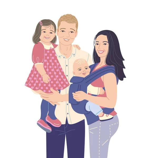2人の子供を持つ若い現代の家族 幼い娘と息子を連れた幸せな父母 白い背景に隔離された母 父と子供のかわいい漫画のキャラクター シンプルなフラットベクトルイラスト — ストックベクタ
