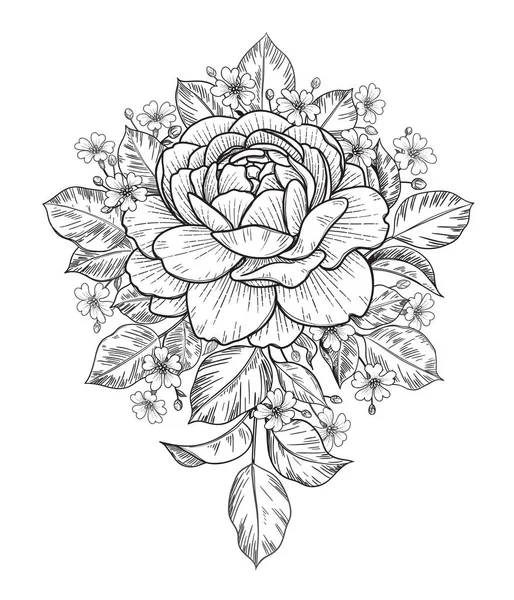 手工采摘的玫瑰和小小的吉普赛花被白色隔离在一起 古色古香风格的矢量单色典雅花卉构图 纹身设计 彩绘页 婚纱装饰 — 图库矢量图片