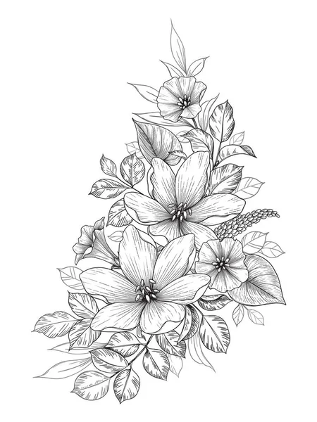 Ręcznie Rysowany Bukiet Kwiatami Różnymi Liśćmi Wyizolowanymi Białym Wektor Monochromatyczny — Wektor stockowy