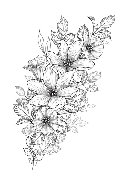 Ramo Dibujado Mano Con Flores Diferentes Hojas Aisladas Blanco Vector — Vector de stock