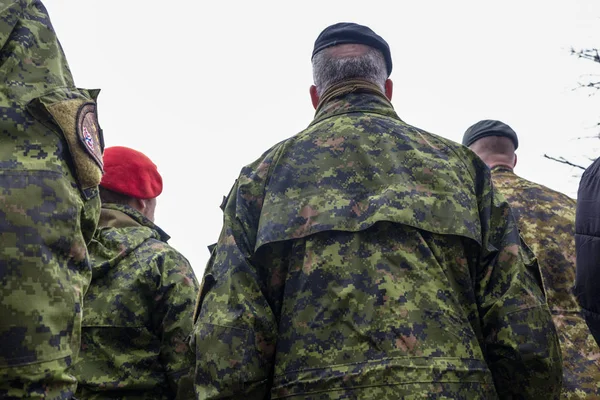 Kanadalı askerler durup geçit törenini izliyor. Kamuflajlı bir ordu. Savaşçı kıyafetleri. Sonbahar. Kötü bir gün..