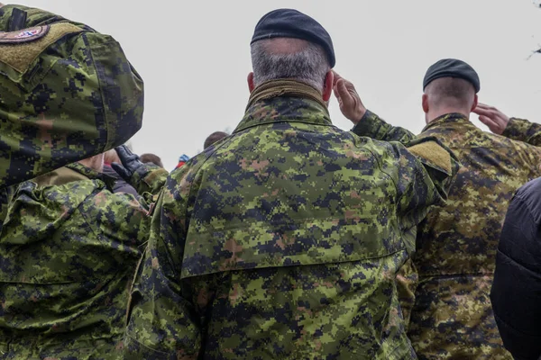 Canadian Army soldiers stand and watch the parade. Military in camouflage. Warrior clothes. Autumn. It\'s a nasty day.