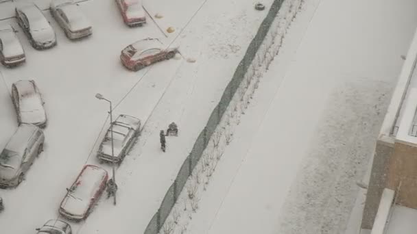 サンクトペテルブルクの降雪 窓からの眺め 15階 雪片が眠りに落ちる 灰色の空 家は白くなる — ストック動画