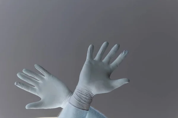 Hands Man Protected Coronavirus White Latex Gloves Protect Your Palm — Stock Photo, Image