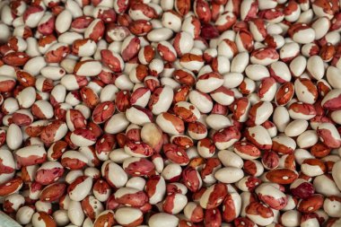 Fasulye çekirdeklerinin soyut arkaplanı. Markete bir göz at. Sağlıklı bir diyet için doğal ürünler. Protein, doğadan gelen bir protein. Kırmızı, beyaz, renkli, pembe fasulyeler..