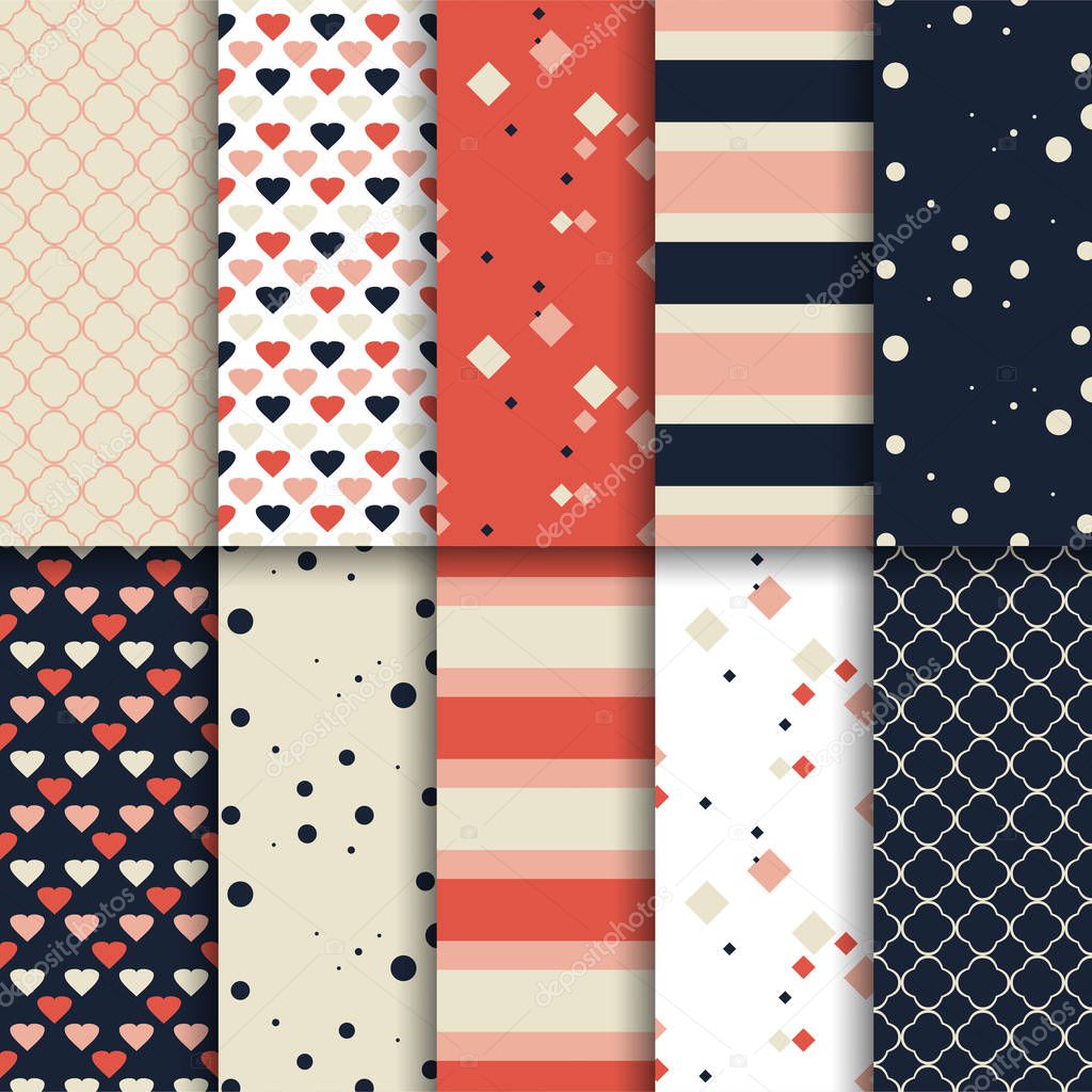 Ten different seamless patterns with hearts, stripes and dots.Endless texture can be used for wallpaper, pattern fill, web page background, surface textures.