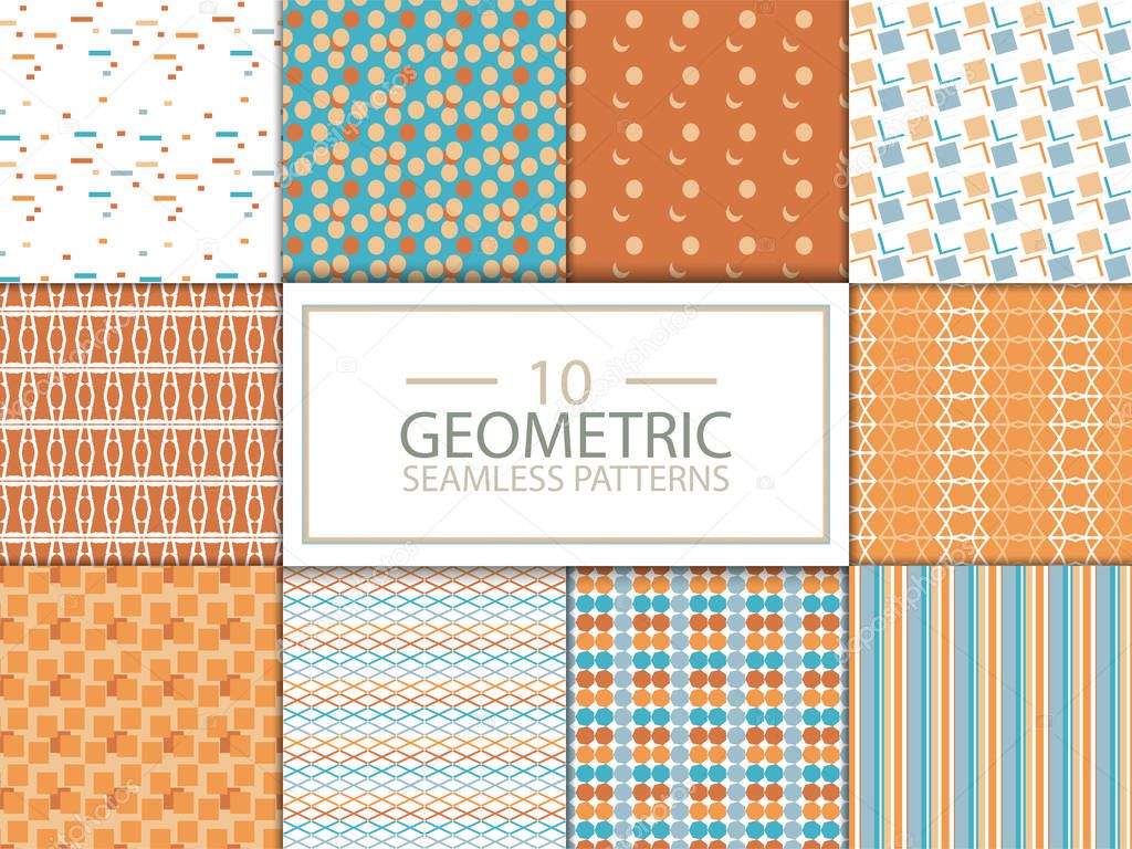 10 different geometric vector seamless patterns.Endless texture can be used for wallpaper, pattern fills, web page background,surface textures.