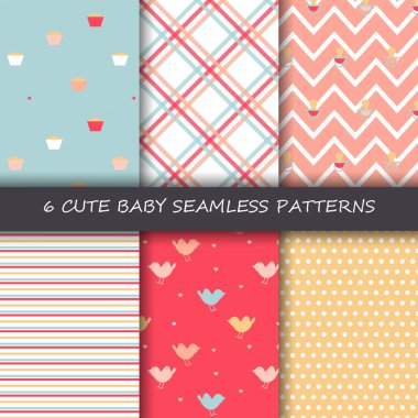 6 sevimli bebek kusursuz desen. Kekler, kuşlar, emzik, çizgiler, noktalar.