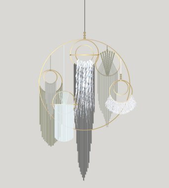 Duvar dekoru ördüm. Makrame duvarda asılı. Boho tarzı. Bohem Macrame. İpliklerden örgü işi. Geometrik, minimal ev dekorasyonu.