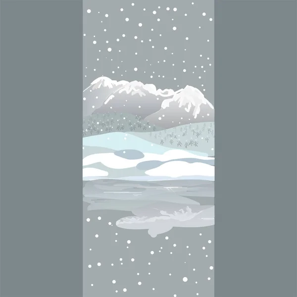 Зимние Горы Озеро Векторный Снежный Пейзаж Ледовый Каток Озере Скейтеры — стоковый вектор