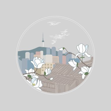 Seul şehir manzarası. Güney Kore 'de bahar. Manolya Asya 'da çiçek açar. Namsan Seul Kulesi. Bukchon Hanok Köyü.