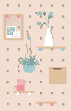 Pegboard organizer, plywood peg board shelf. The Organized Home. Storage, shelves and pegs. workspace. Home decor. Interior Design.  clipart