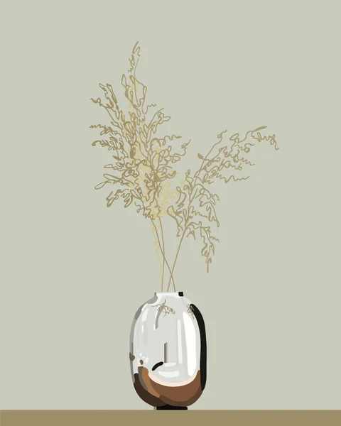 潘帕斯草装饰 镜子花瓶 用于室内设计的干花 单行植物学图形 — 图库矢量图片