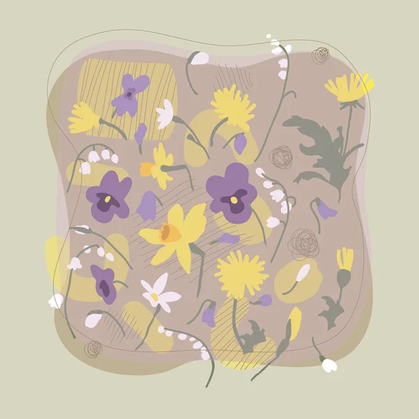 Set, vector, spring bouquets. Forest violets, daffodils, lilies of the valley and yellow dandelions. Bright, abstract floral pattern. Illustration for cards and icons. Violet and yellow garden flowers.