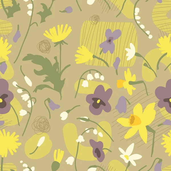 Set, vector, spring bouquets. Forest violets, daffodils, lilies of the valley and yellow dandelions. Bright, abstract floral pattern. Illustration for cards and icons. Violet and yellow garden flowers.