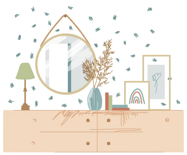 Design Intérieur Moderne Miroir Rond Herbe Pampa Dans Vase Affiches — Image vectorielle