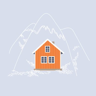 Turuncu Norveç evi. Okyanus kıyısındaki balıkçının evi. Lofoten. Kar ülkesi. Dağlarda konaklamak.