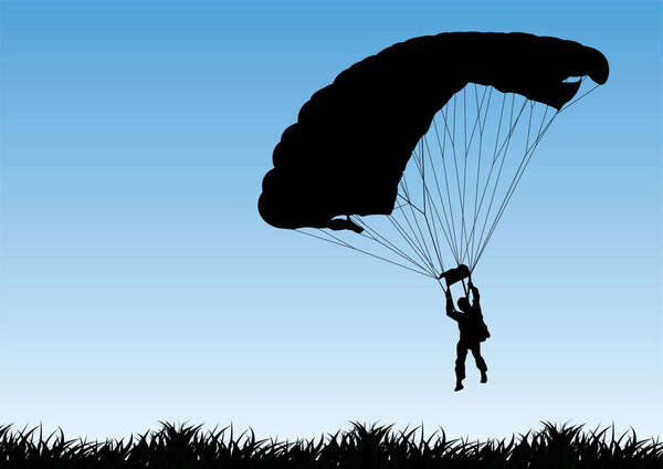Vector silhouette illustration isolated on sky background. Insurance risk concept, Man in air jump 