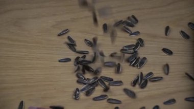 Ahşap zemine düşen organik siyah ayçiçeği tohumları. Yavaş çekim.