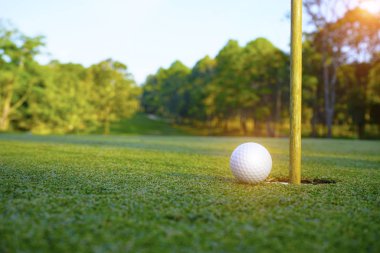 Golf topu yeşilde güzel golf sahasında gün batımında arka planda