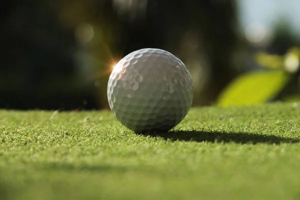 Golfball Auf Dem Grün Mit Warmem Ton Und Sonnenuntergang Golfball — Stockfoto