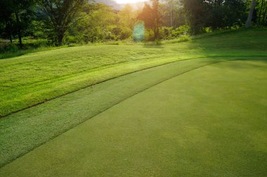 Güneşli bir günde güzel bir golf sahası. Arka plandaki golf sahasında güneş ışığı parlıyor. Kırsaldaki golf sahasında.                                