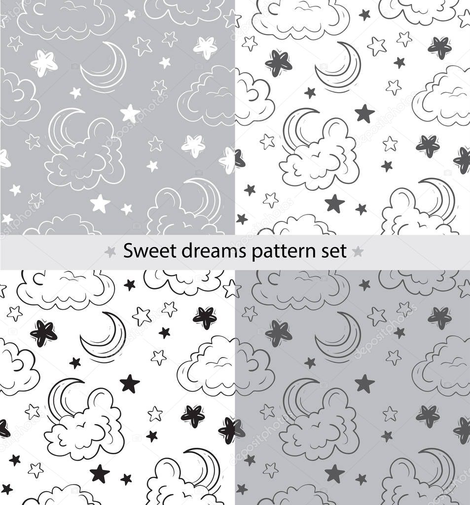 Sweet dreams pattern set. Delicate pattern for bedding, pajamas, bathrobe, children's clothing. Textiles, fabric, tile, wrapping paper, wallpaper. Hand drawn night, beasts, moon, crescent moon, clouds pattern.1