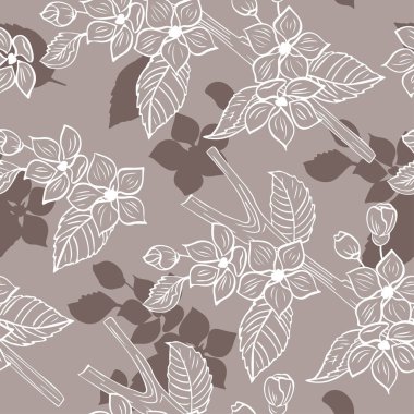 Elma ağacının çiçek açan dalı çizilmiş. Yay deseni, arka plan, yüzey, zemin. Moda rengi 2020. Kumaş, tekstil, fayans, duvar kağıdı, ambalaj kağıdı için narin bir bahar süsü.