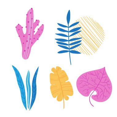 Tropik egzotik yapraklar. Kalıplar yaratmak için bir set, hatıra niteliğinde arka planlar, yaz çizimleri. Moda el çizimi tarzı. Stok vektör illüstrasyonu beyaz arkaplanda izole edildi