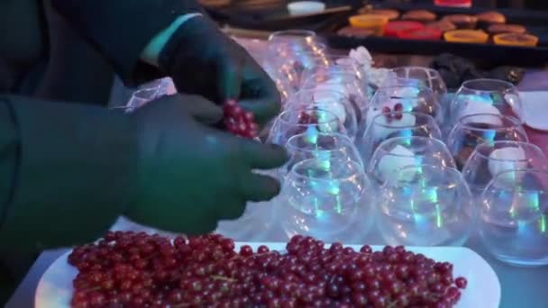 Chef pose groseilles rouges dans des tasses en verre — Video