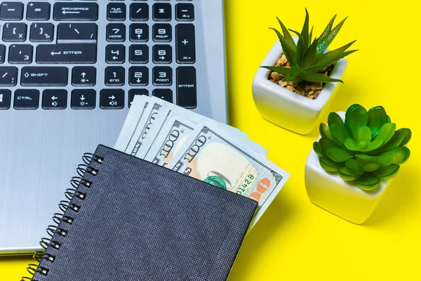 Money Earned Freelance Notebook Yellow Background — Stok fotoğraf