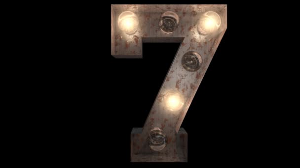 錆びたスチール製の点滅する電球文字4個のライトアニメーションループとアルファチャンネル7 — ストック動画