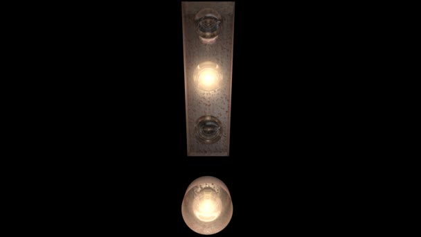 Animierte rostige Stahl blinkende Glühbirnenbuchstaben mit 4 Lichtanimationsschleifen und Alphakanal-Ausrufezeichen