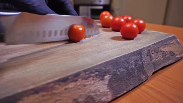 Slicing Cherry Tomato Dolly Movement — Stock Video