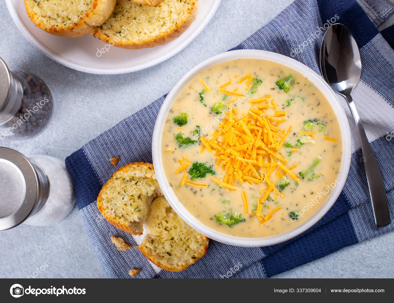 Bowl of Creamy Broccoli Cheddar Cheese Soup Stock Photo by ©chasbrutlag