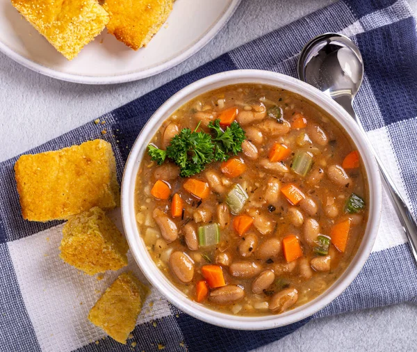 Overhead View Tasty Bean Soup Carrots Celery White Bowl Corn — Stock Photo, Image