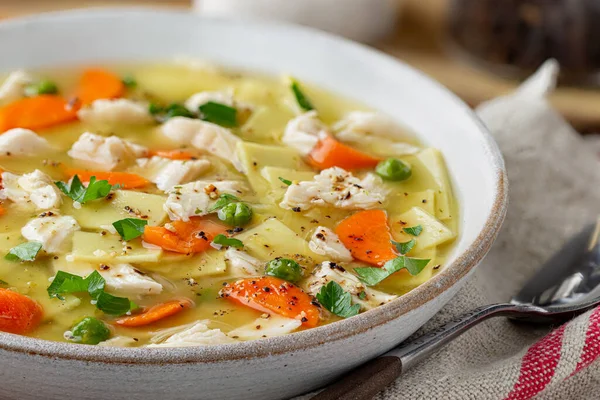 Closeup Bowl Chicken Noodle Vegetable Soup — Stock Photo, Image