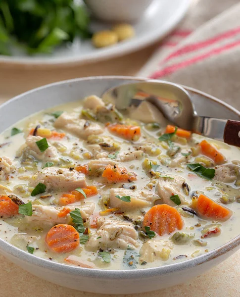 Closeup Bowl Creamy Chicken Riice Soup Carrots Parsley — Stock Photo, Image