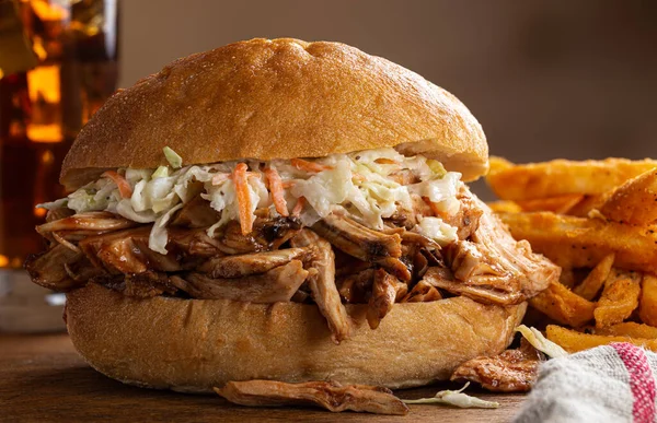 Closeup Barbecue Chicken Sandwich Coleslaw Bun French Fries Drink Background — Stock Photo, Image