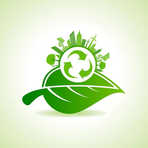 Conceito de energia ecológica com folha, paisagem urbana e ícone de reciclagem — Vetor de Stock