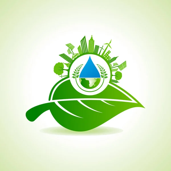 Pojęcie energii ECO z liści, pejzaż, kropla wody i ziemi — Wektor stockowy
