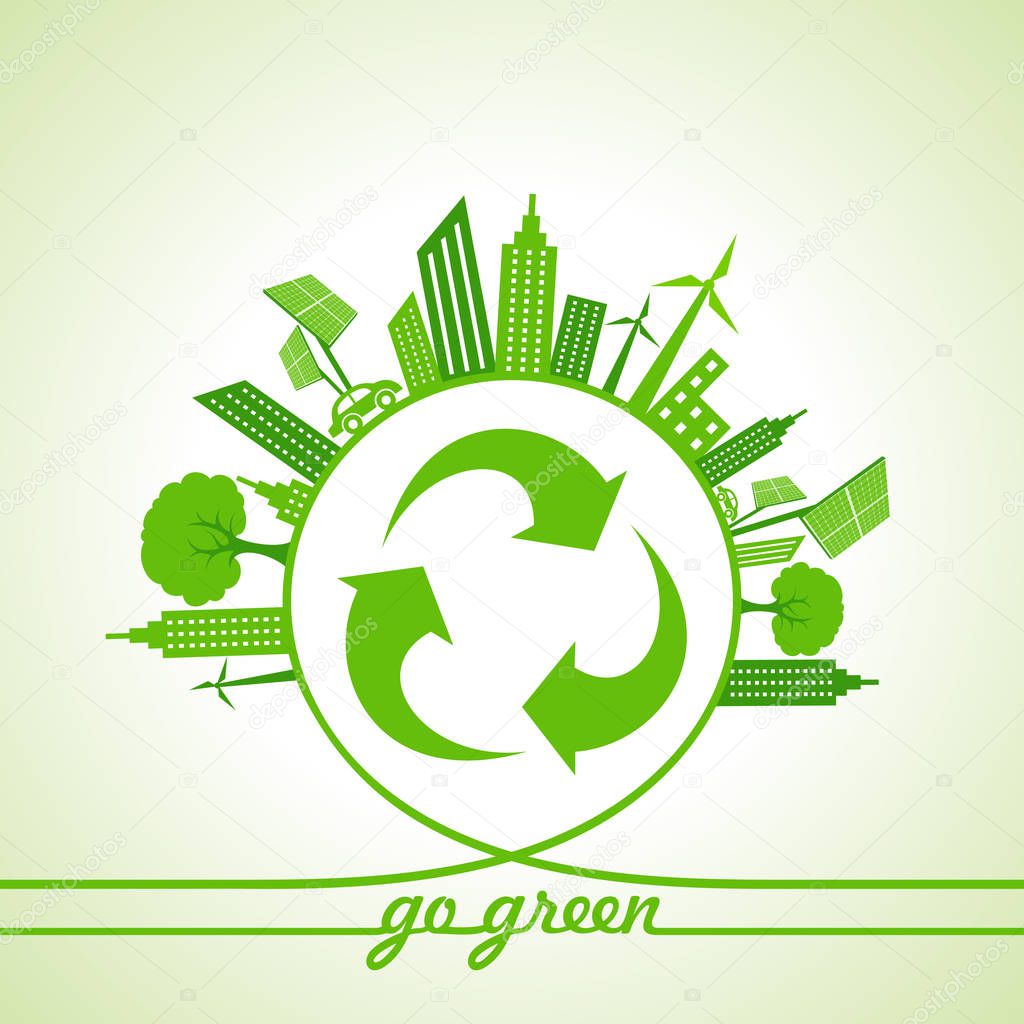 Eco Energy Concept with leaf,cityscape and and recycle icon