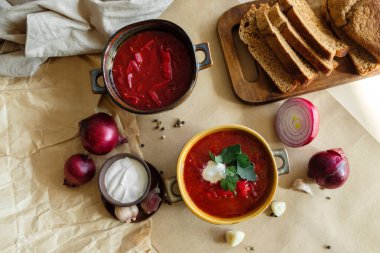 Bej bir zemin üzerinde borş çorbası. Kil tabakta sarımsak, soğan, biber, ekşi krema ve ekmek.