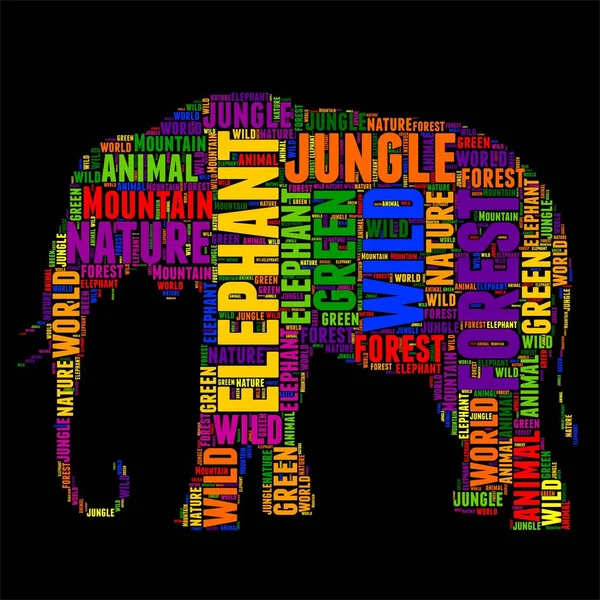 Elephant typografi word cloud färgglada vektorillustration — Stock vektor