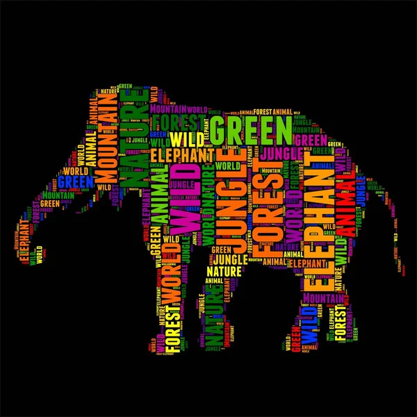 Elephant typografi word cloud färgglada vektorillustration — Stock vektor