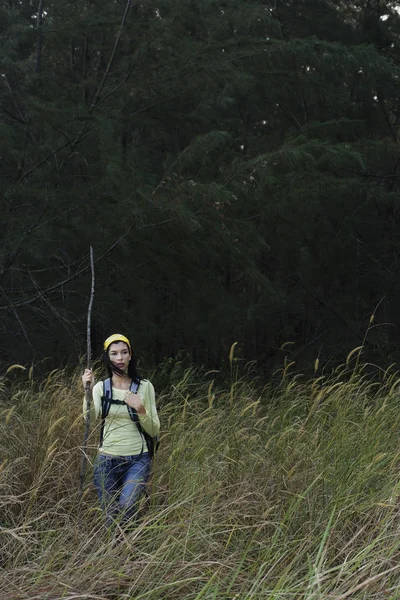 女性の背の高い草の中ハイキング — ストック写真